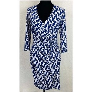 LAUNDRY • Blue and White Geometric Wrap V-Neck Mini Dress